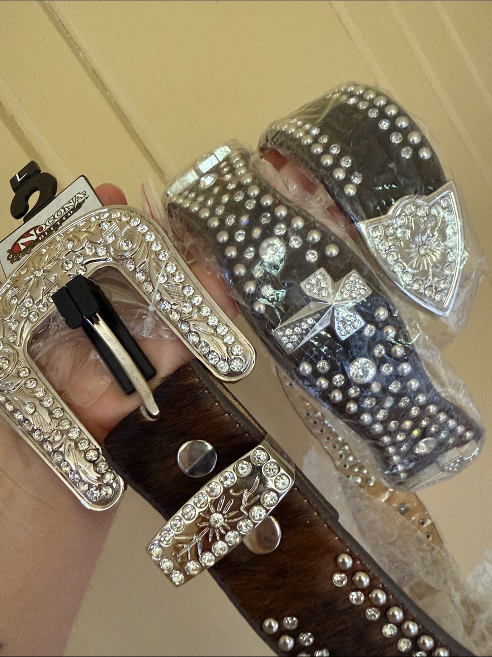 Nocona Hair-On Leather Western Belt – Rhinestone Studded – NWT